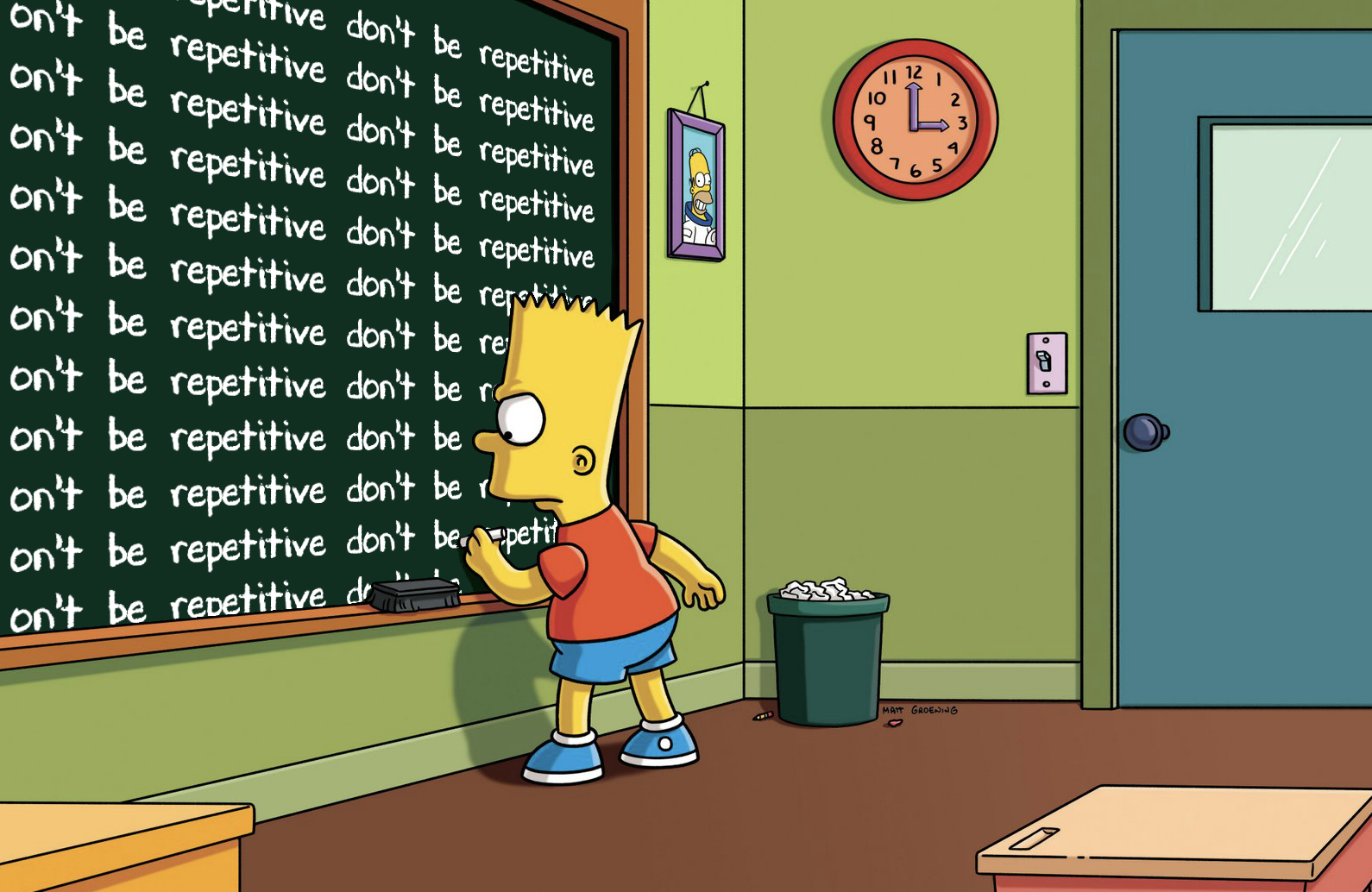 Bart Simpson writing lines saying "don't be repetitive" on a chalkboard